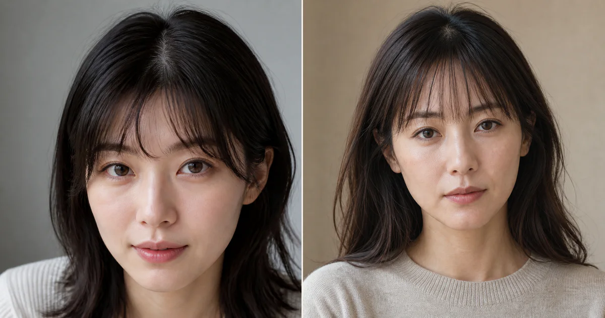 生えぐせで割れやすいとき、丸みと軽さを残すための前髪の決め方の比較用編集写真
