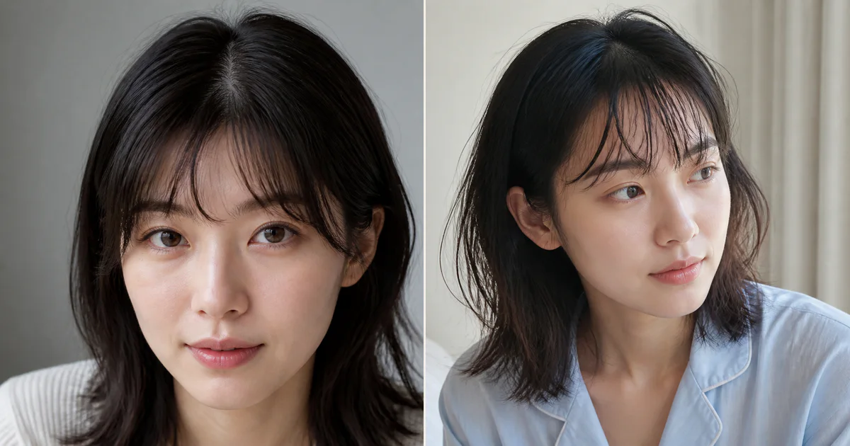 生えぐせで割れやすいとき、朝に戻しやすくするための前髪の決め方の編集参考写真