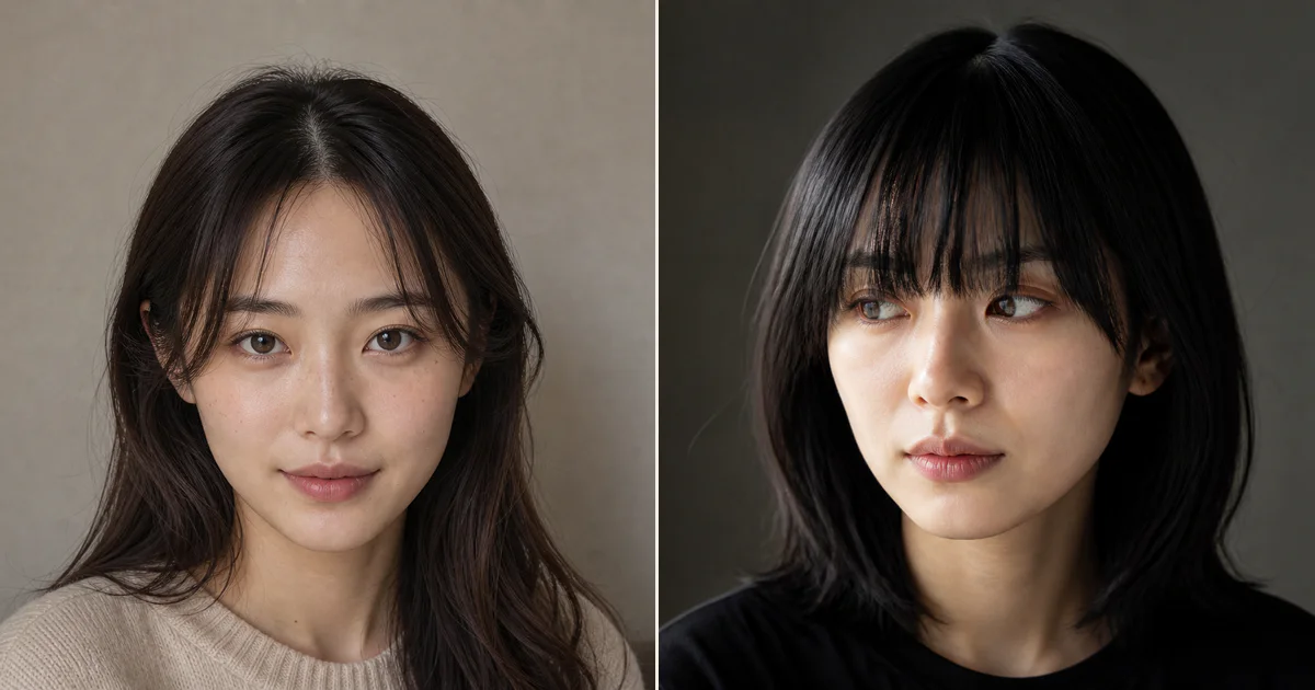毛量が多く厚く見えやすいとき、落ち着いた印象に寄せるための前髪の決め方の編集参考写真
