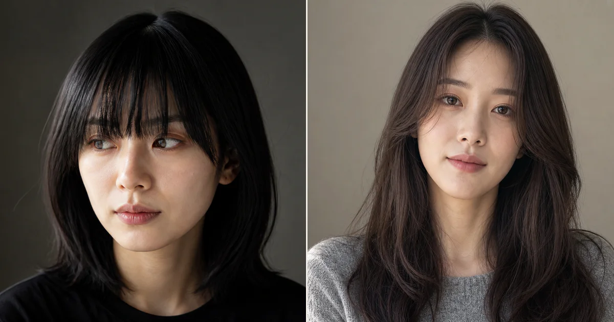 毛量が多く厚く見えやすいとき、作り込みすぎず自然に見せるための前髪の決め方の比較用編集写真