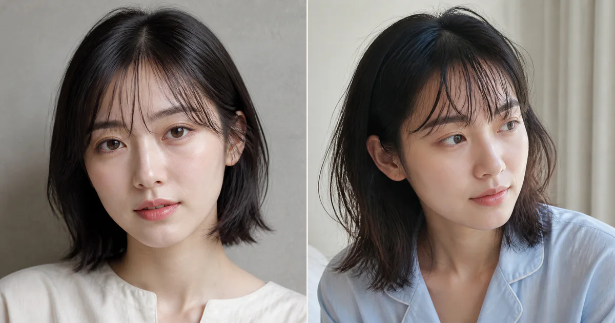 細い髪で透けやすいとき、朝に戻しやすくするための前髪の決め方の編集参考写真