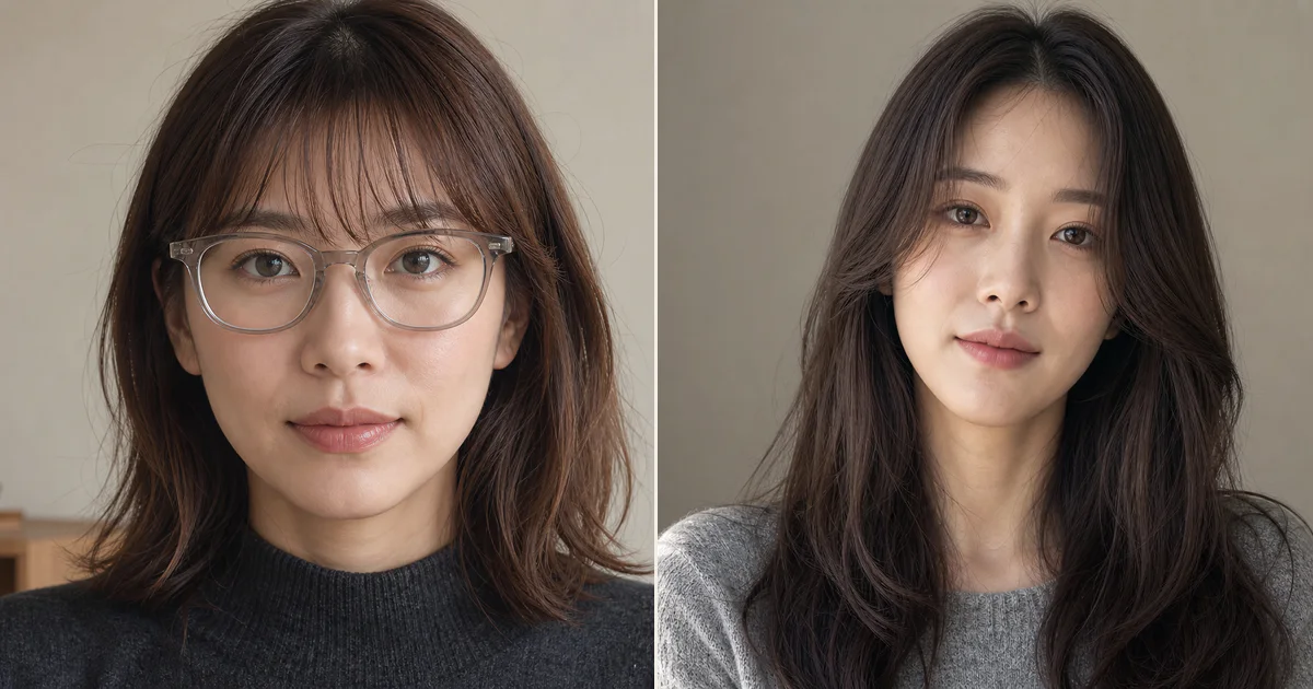 眼鏡のフレームと毛先が重なるとき、作り込みすぎず自然に見せるための前髪の決め方の編集参考写真