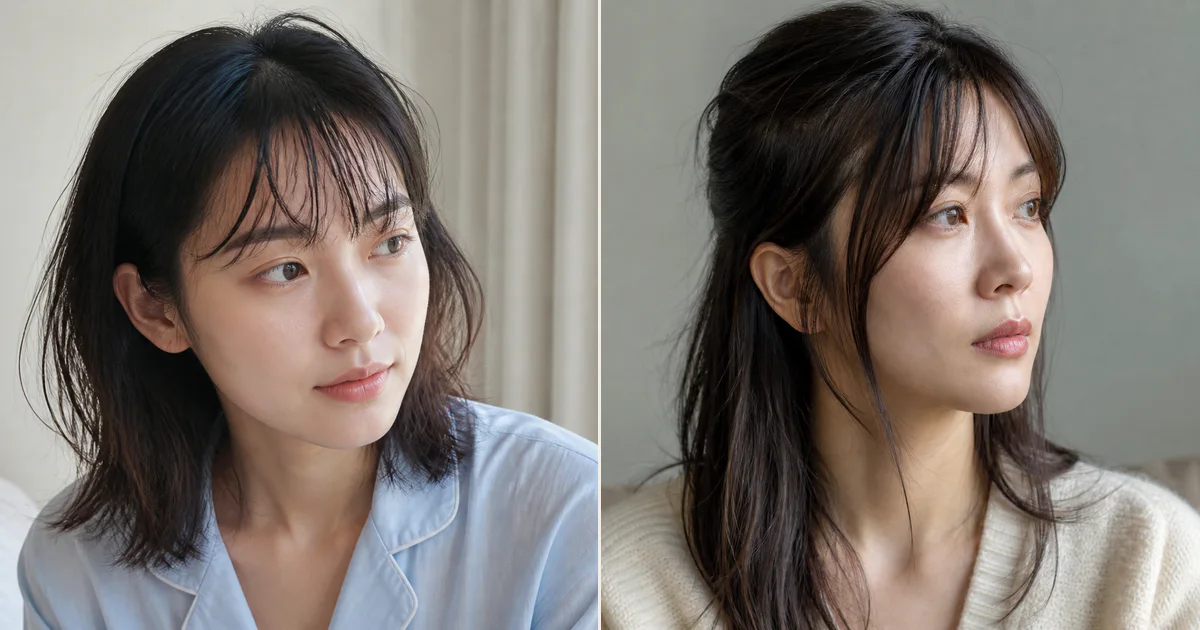 伸ばしかけで両端が落ちやすいとき、朝に戻しやすくするための前髪の決め方の編集参考写真