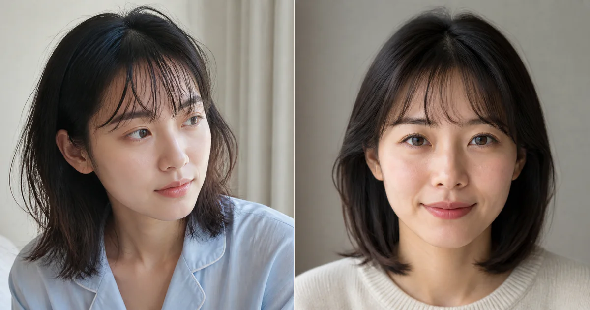 額が狭く前髪が浮きやすいとき、朝に戻しやすくするための前髪の決め方の比較用編集写真