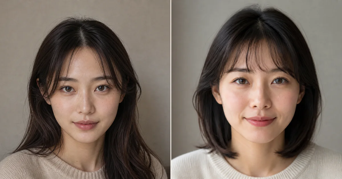 額が狭く前髪が浮きやすいとき、落ち着いた印象に寄せるための前髪の決め方の編集参考写真