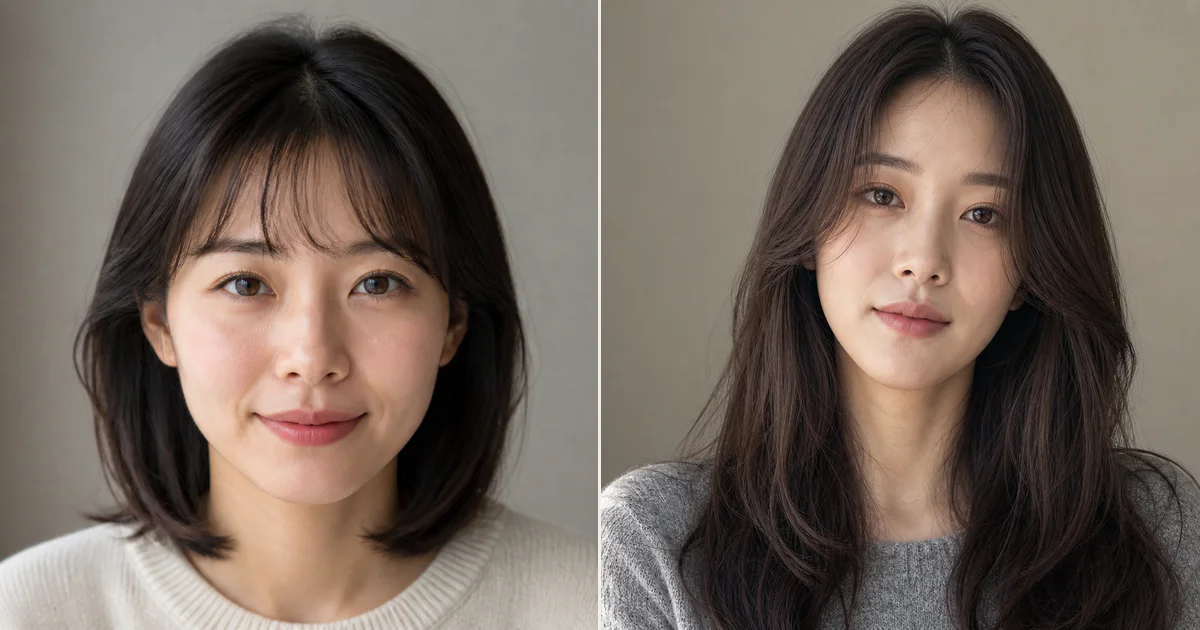 額が狭く前髪が浮きやすいとき、作り込みすぎず自然に見せるための前髪の決め方の比較用編集写真