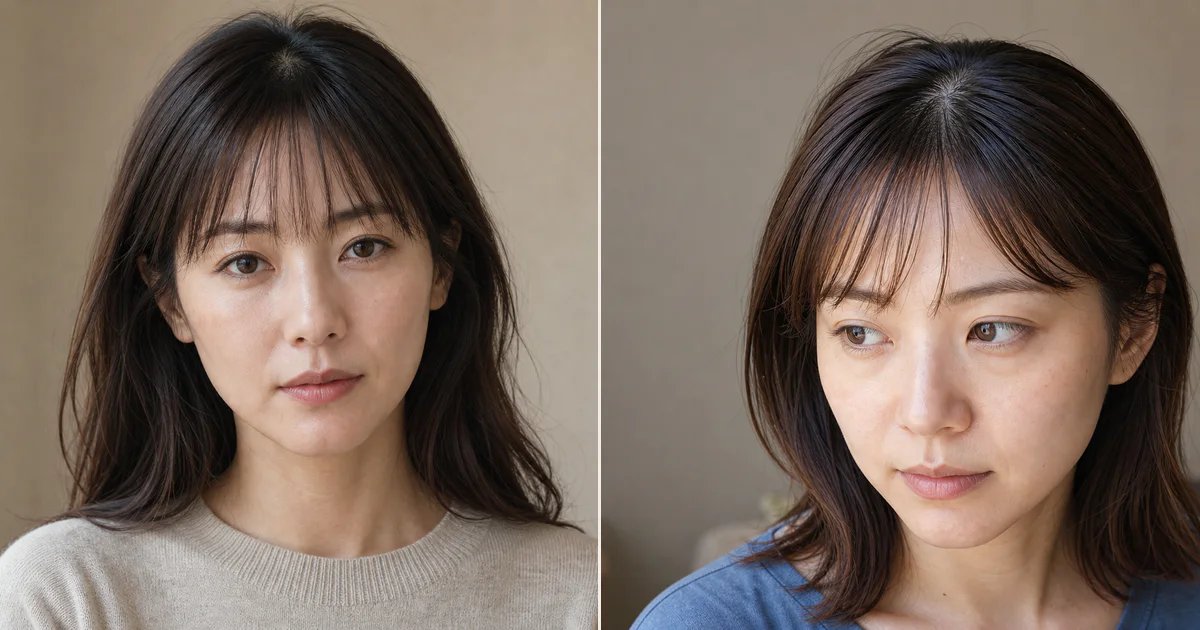 根元がまとまり束になりやすいとき、丸みと軽さを残すための前髪の決め方の編集参考写真