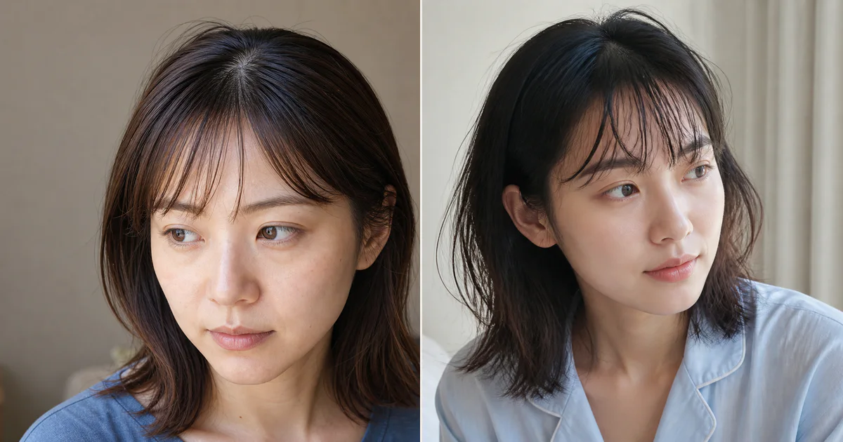 根元がまとまり束になりやすいとき、朝に戻しやすくするための前髪の決め方の編集参考写真