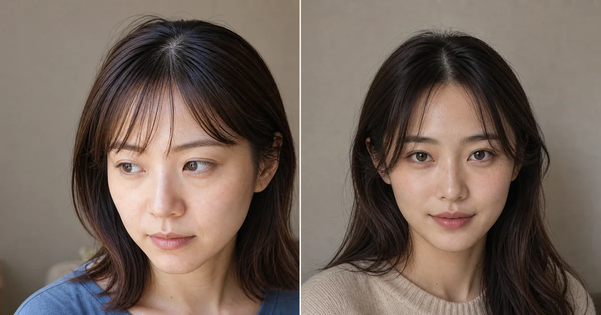 根元がまとまり束になりやすいとき、落ち着いた印象に寄せるための前髪の決め方の編集参考写真