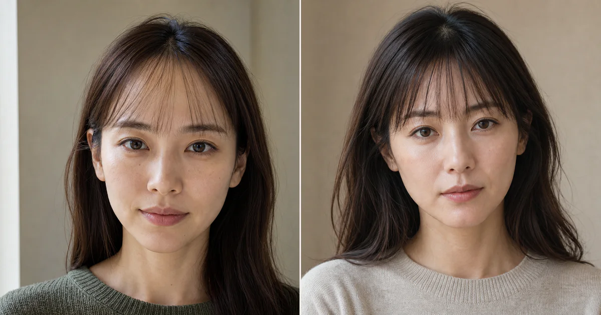 額の見える面積が広いとき、丸みと軽さを残すための前髪の決め方の編集参考写真