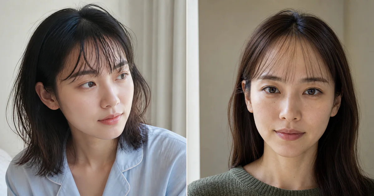 額の見える面積が広いとき、朝に戻しやすくするための前髪の決め方の比較用編集写真