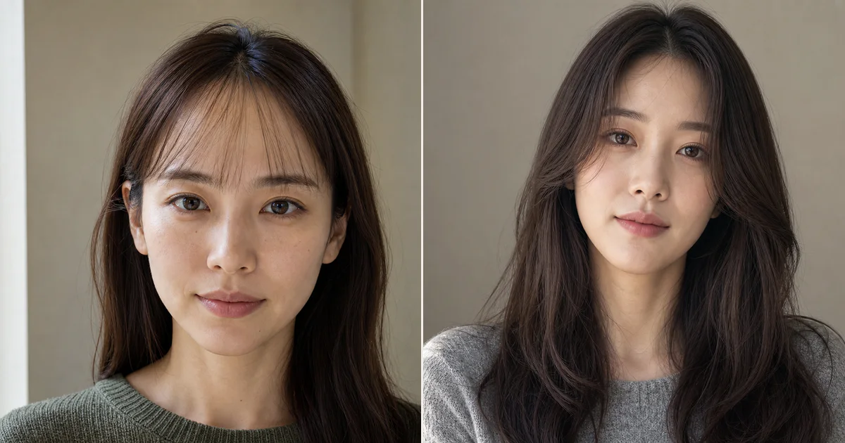 額の見える面積が広いとき、作り込みすぎず自然に見せるための前髪の決め方の比較用編集写真
