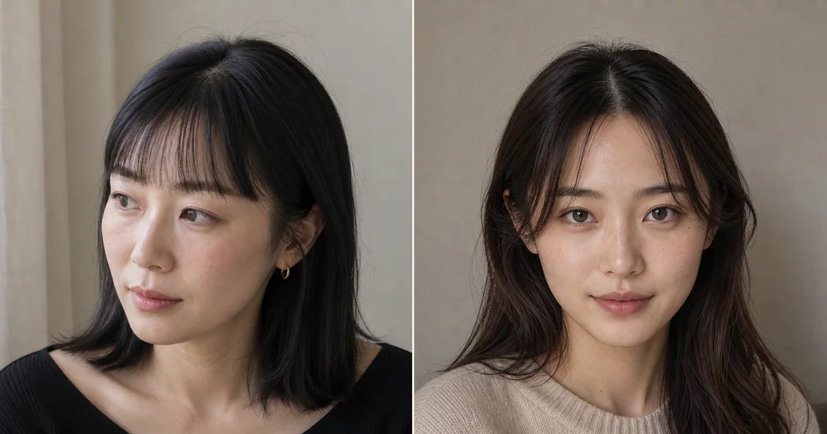 前髪の幅｜「黒目外側まで」と「標準」の違いの比較用編集写真