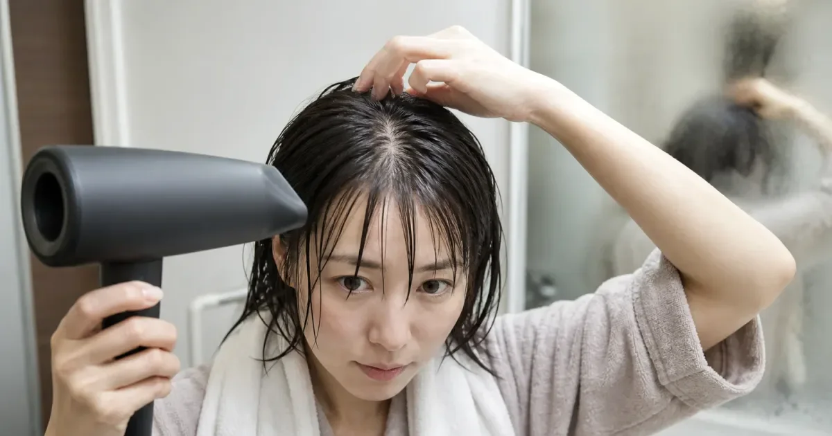 前髪が中央で割れるとき、洗った直後から確認する順番の比較用編集写真