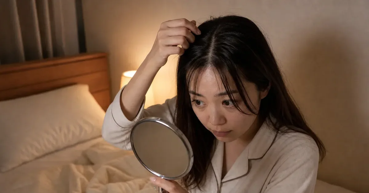 前髪が中央で割れるとき、寝る前に確認する順番の比較用編集写真