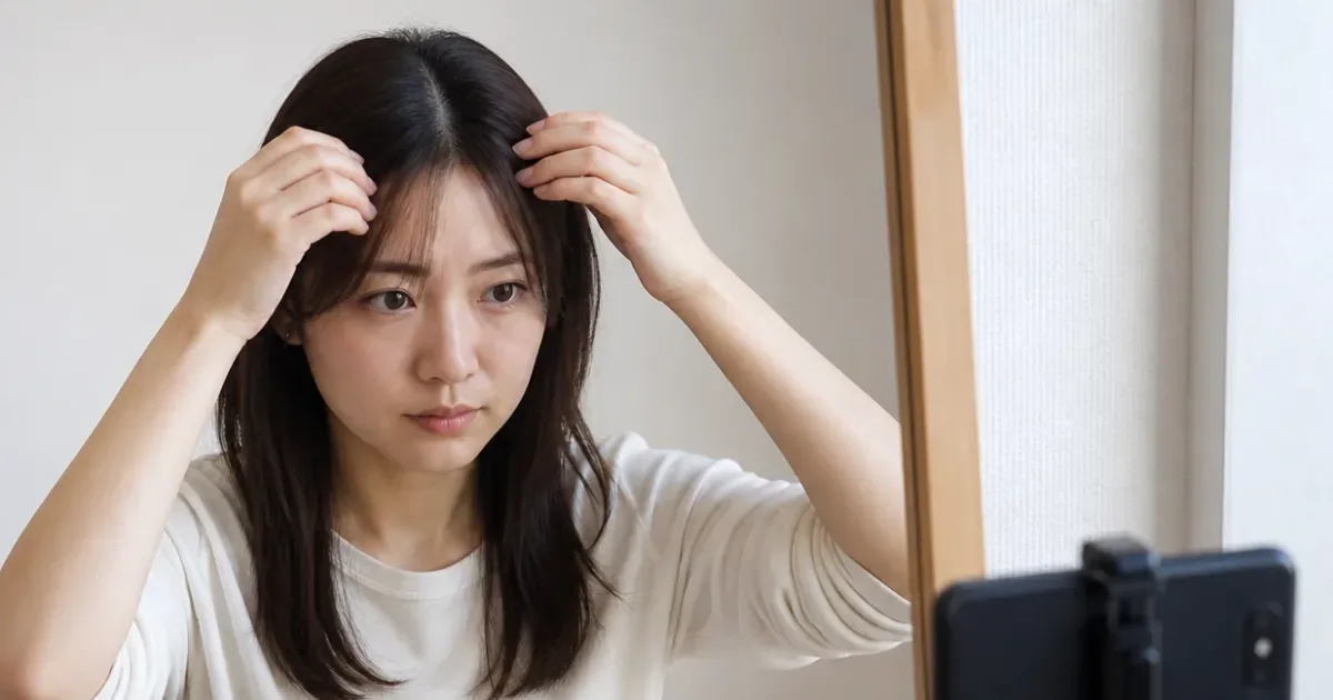 前髪が中央で割れるとき、次の美容室までに確認する順番の比較用編集写真
