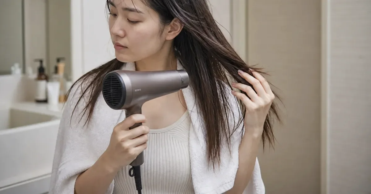 毛先が乾いて見えるとき、洗った直後から確認する順番の編集参考写真