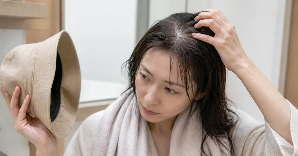帽子の後に根元がつぶれるとき、洗った直後から確認する順番の編集参考写真