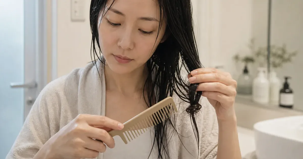 毛先が絡まりやすいとき、洗った直後から確認する順番の比較用編集写真