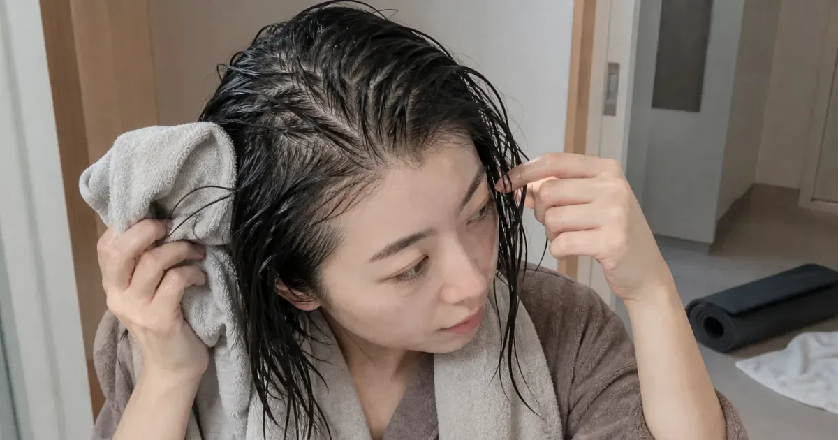 運動後に根元がまとまるとき、洗った直後から確認する順番の編集参考写真
