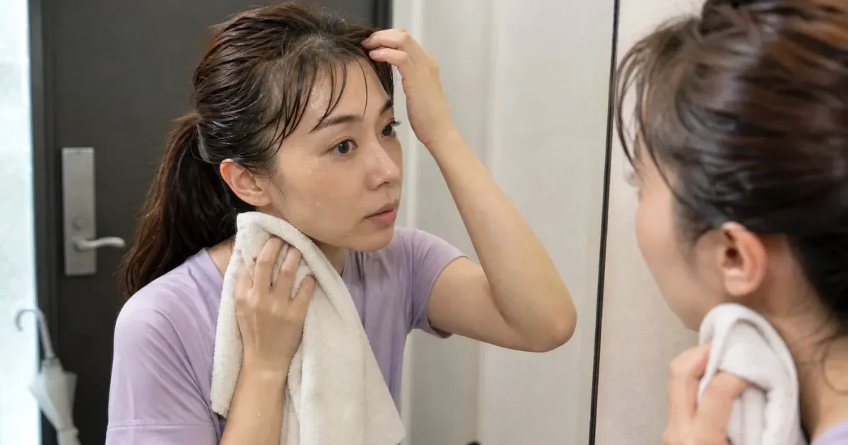 運動後に根元がまとまるとき、湿気のある日に確認する順番の比較用編集写真