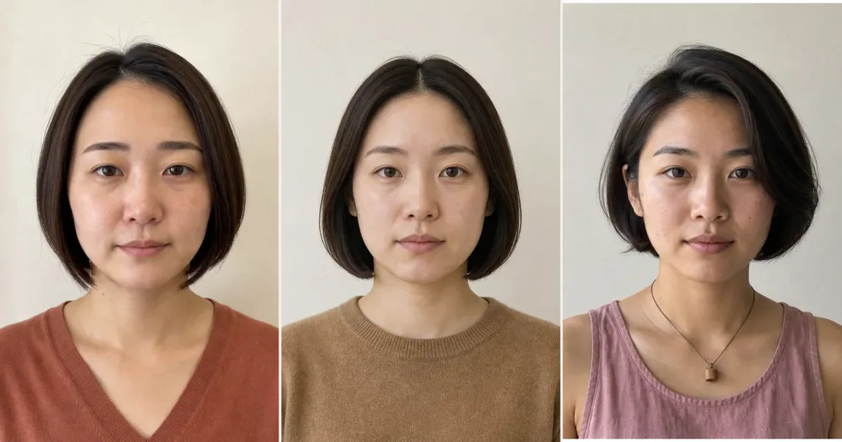 ボブで、横の広がりを抑えて見せたいときの3案の比較用編集写真