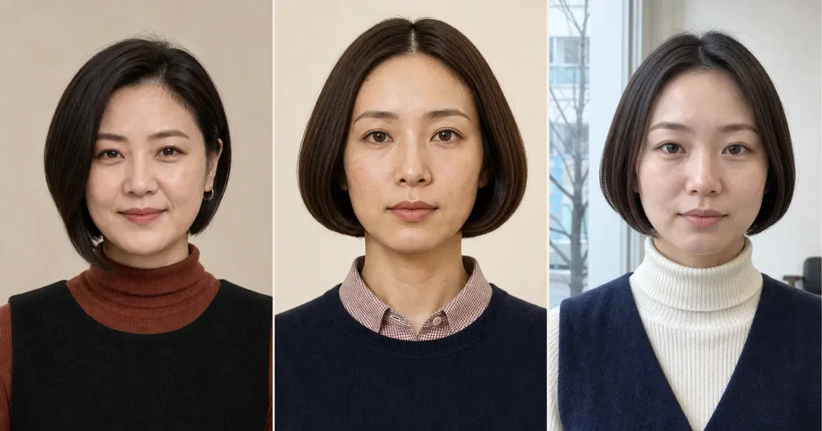 ボブで、仕事の日に線を整えて見せたいときの3案の比較用編集写真