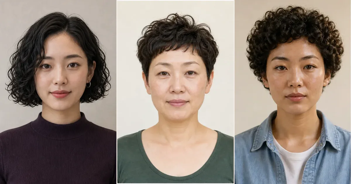 ショートで、細かなカールを活かして見せたいときの3案の比較用編集写真