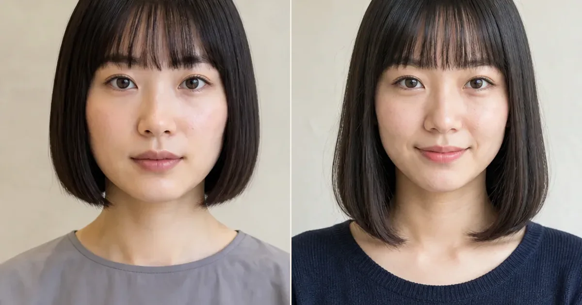 フルバング・切りっぱなしボブとフルバング・肩ラインストレートの違いの比較用編集写真