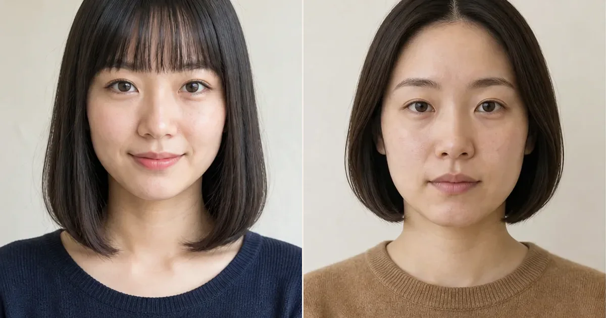 フルバング・肩ラインストレートとノーバングボブの違いの編集参考写真