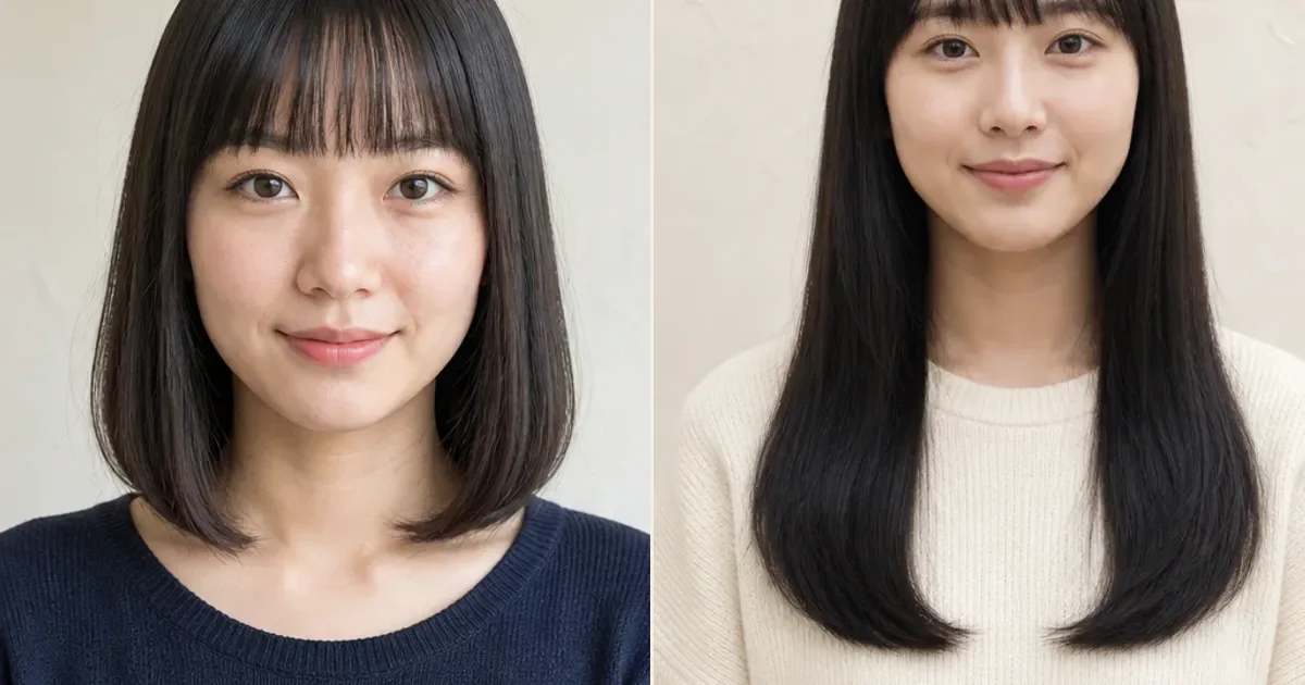 フルバング・肩ラインストレートとフルバング・ストレートロングの違いの比較用編集写真