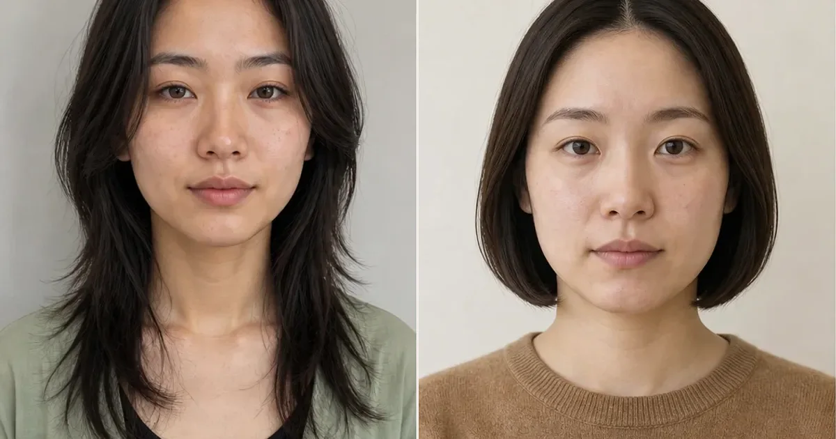 大人セミロングレイヤーとノーバングボブの違いの比較用編集写真