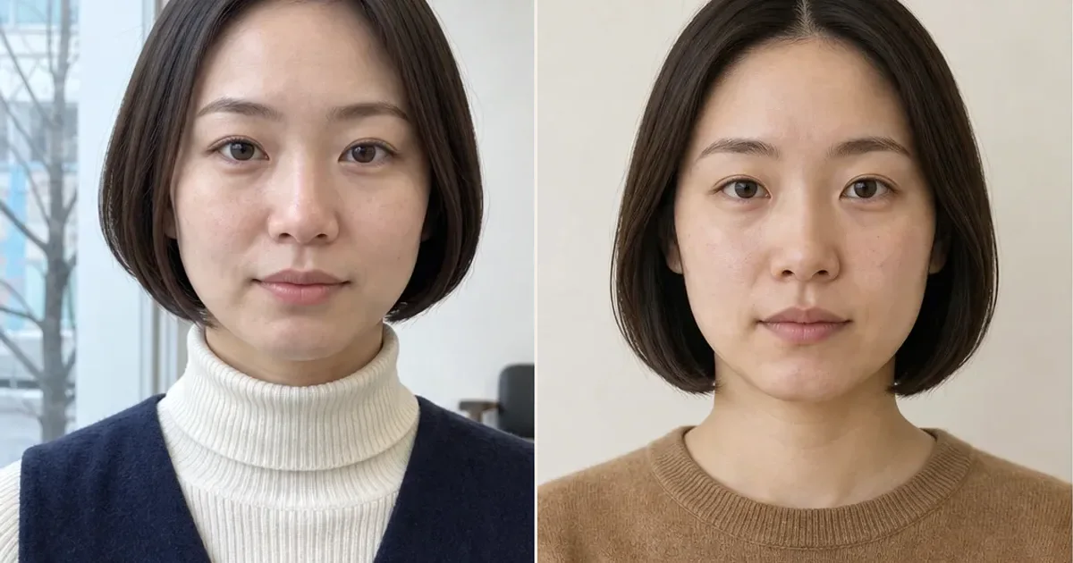 丸みミニボブとノーバングボブの違いの比較用編集写真