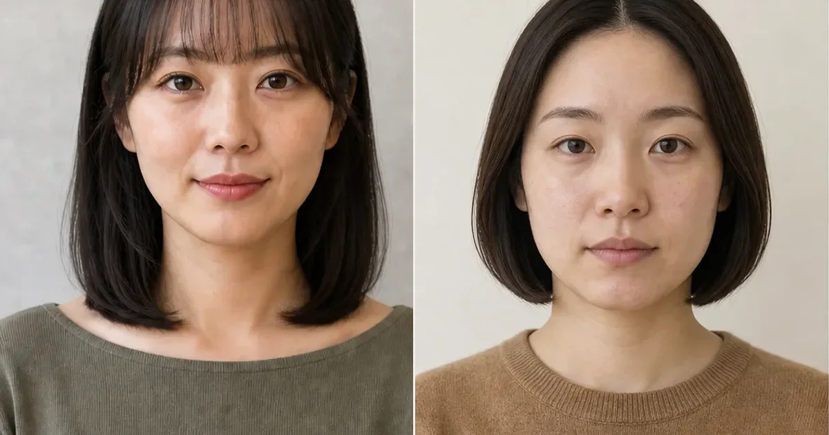 U字バング・ローレイヤークラビカットとノーバングボブの違いの比較用編集写真