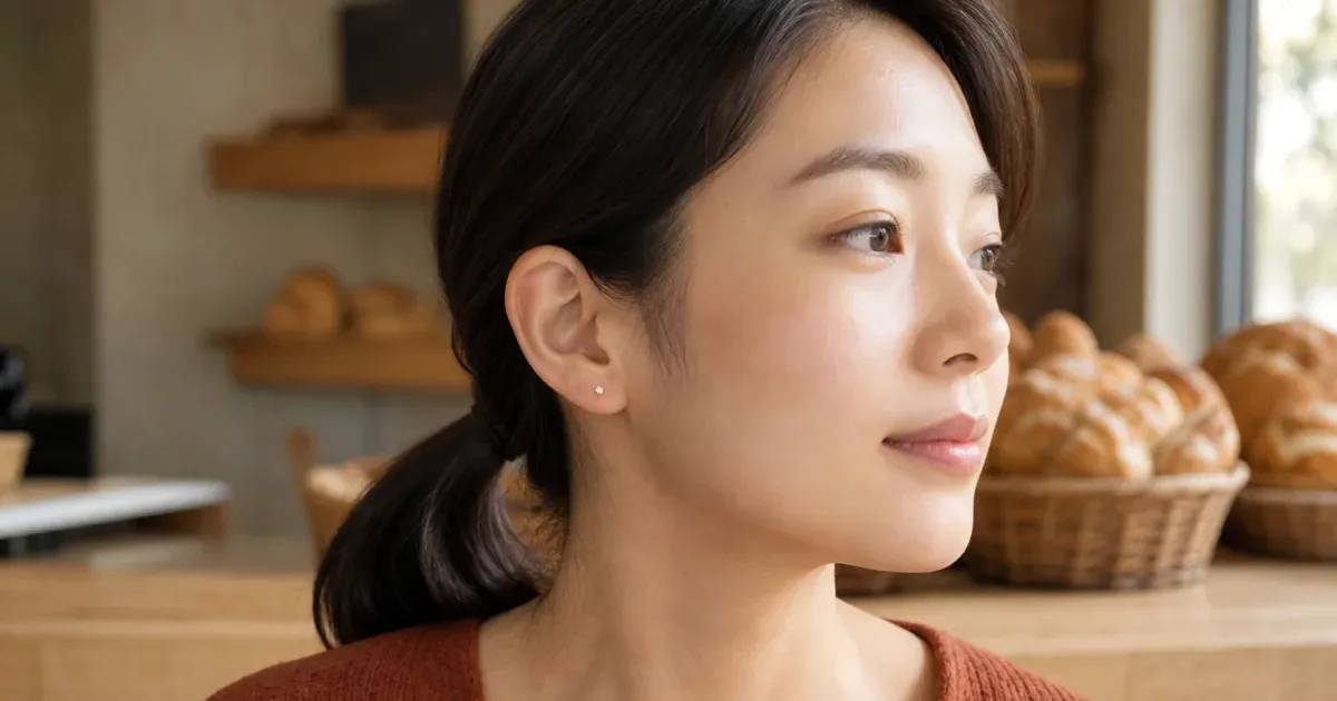 低い位置で結ぶ日に小さなスタッドのピアス・イヤリングを重ねる前にの比較用編集写真