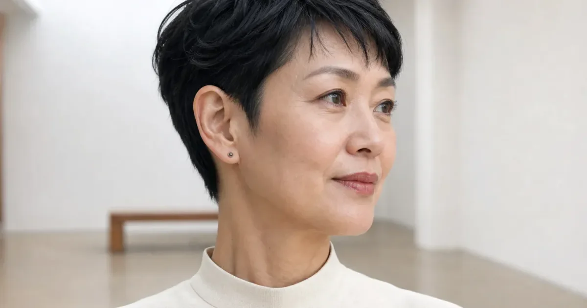 ショートヘアの日に小さなスタッドのピアス・イヤリングを重ねる前にの編集参考写真