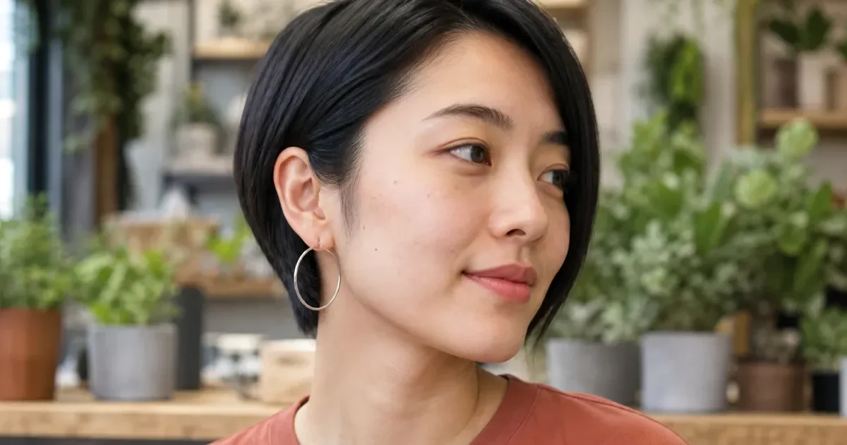 ショートヘアの日に中くらいのフープのピアス・イヤリングを重ねる前にの比較用編集写真