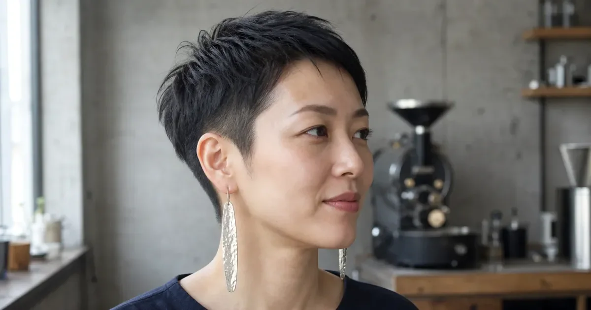 ショートヘアの日に縦長の大ぶりのピアス・イヤリングを重ねる前にの比較用編集写真