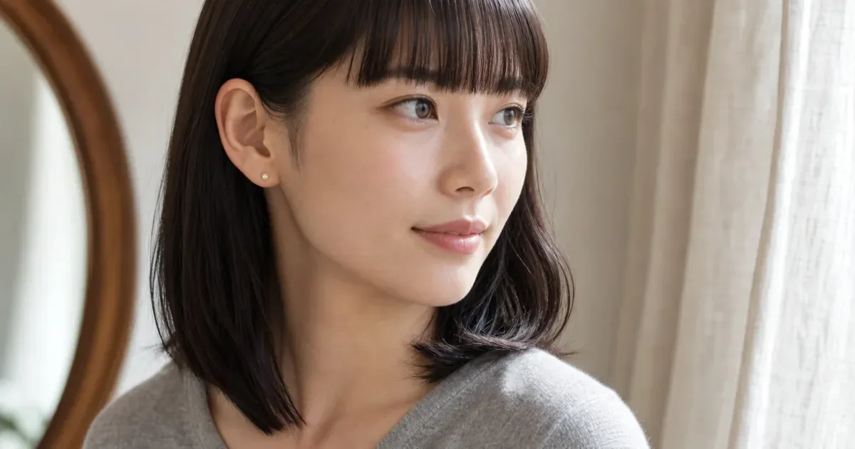 前髪を主役にする日に小さなスタッドのピアス・イヤリングを重ねる前にの編集参考写真