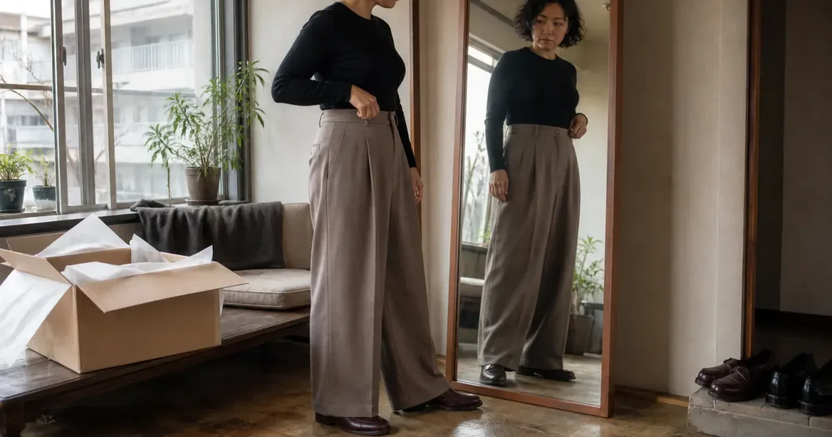 ネットでワイドパンツを購入する前に、全身で確認する3点の比較用編集写真