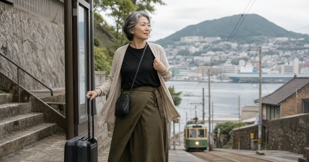 3日間の旅行へ持っていくロングスカートを選ぶ前に、全身で確認する3点の編集参考写真