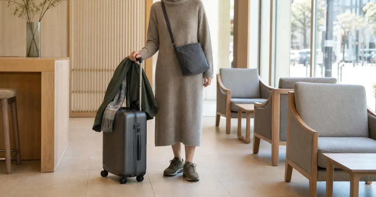 3日間の旅行へ持っていくニットワンピースを選ぶ前に、全身で確認する3点の編集参考写真