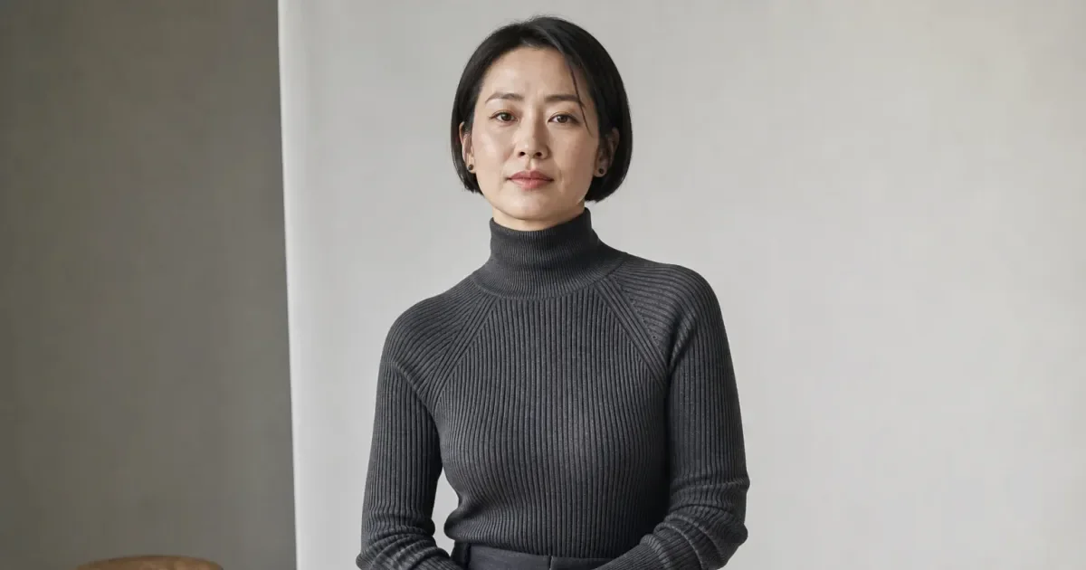 ハイネックを着たときの肩線の見え方を、半身で確認するの編集参考写真