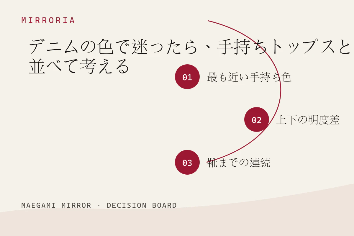 デニムの色で迷ったら、手持ちトップスと並べて考えるの3つの判断軸